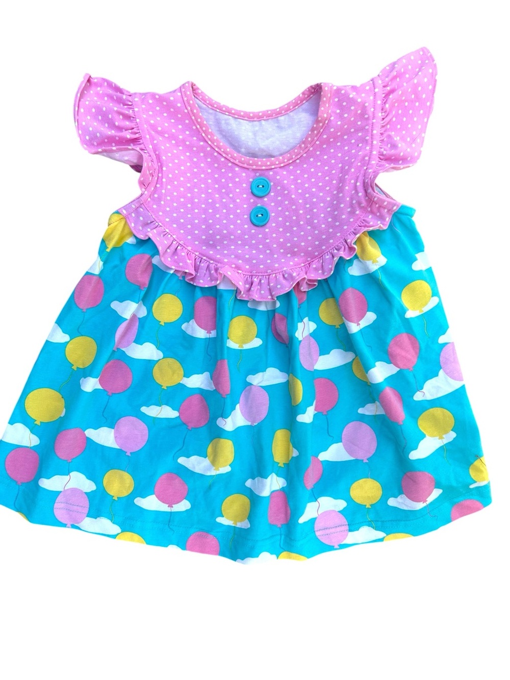 Eleanor Rose Toddler Girls’ Turquoise Balloon Print Ruffle Dress Flutter 3/4